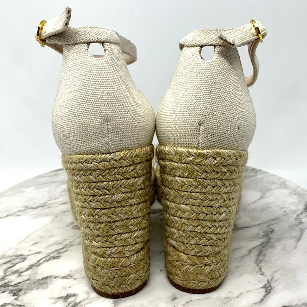 Stuart Weitzman Floria Cream Canvas Espadrille Wedges 8.5 Coastal Resortwear - Picture 5 of 16